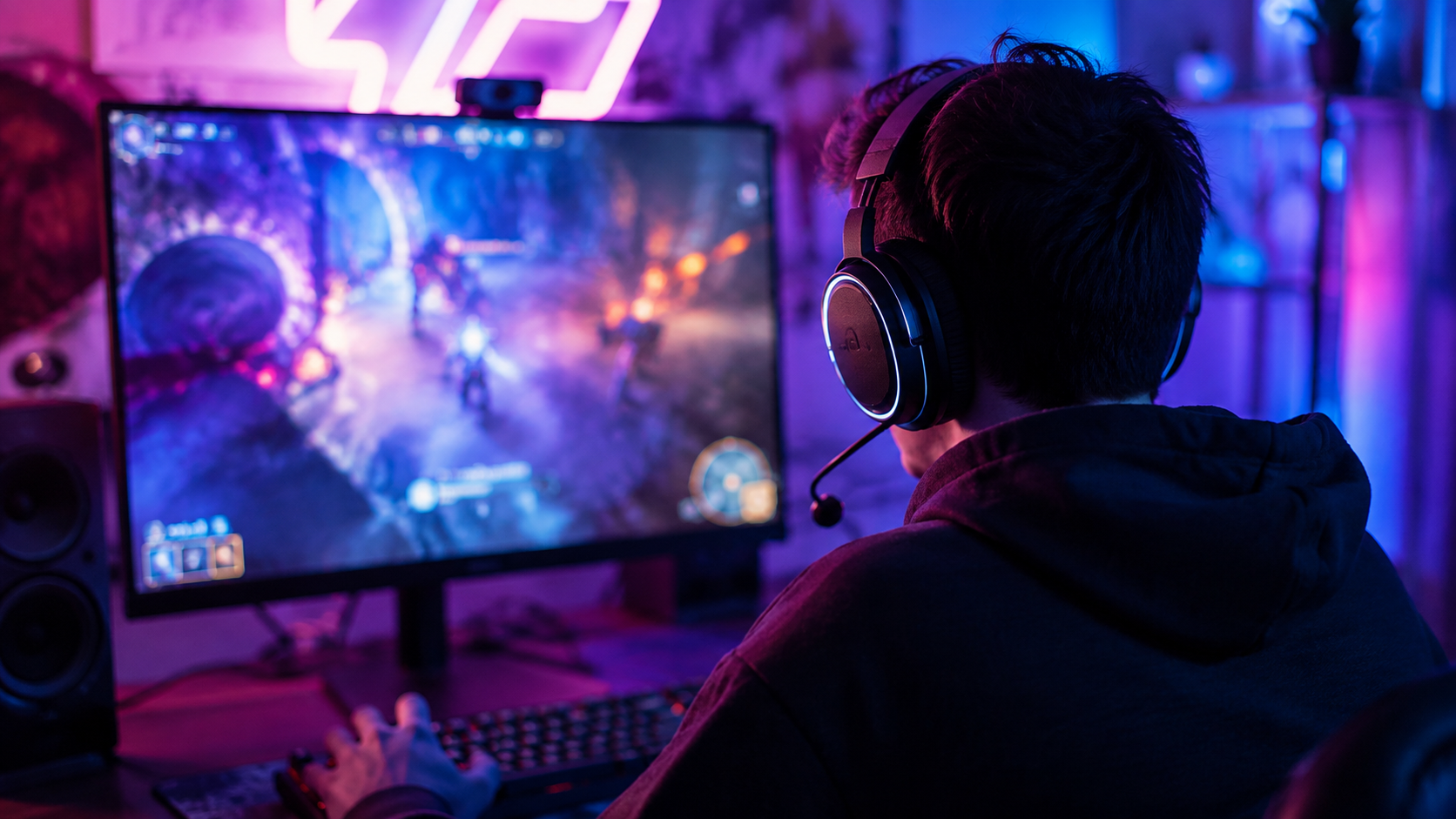Jeune joueur devant son écran en setup gaming.