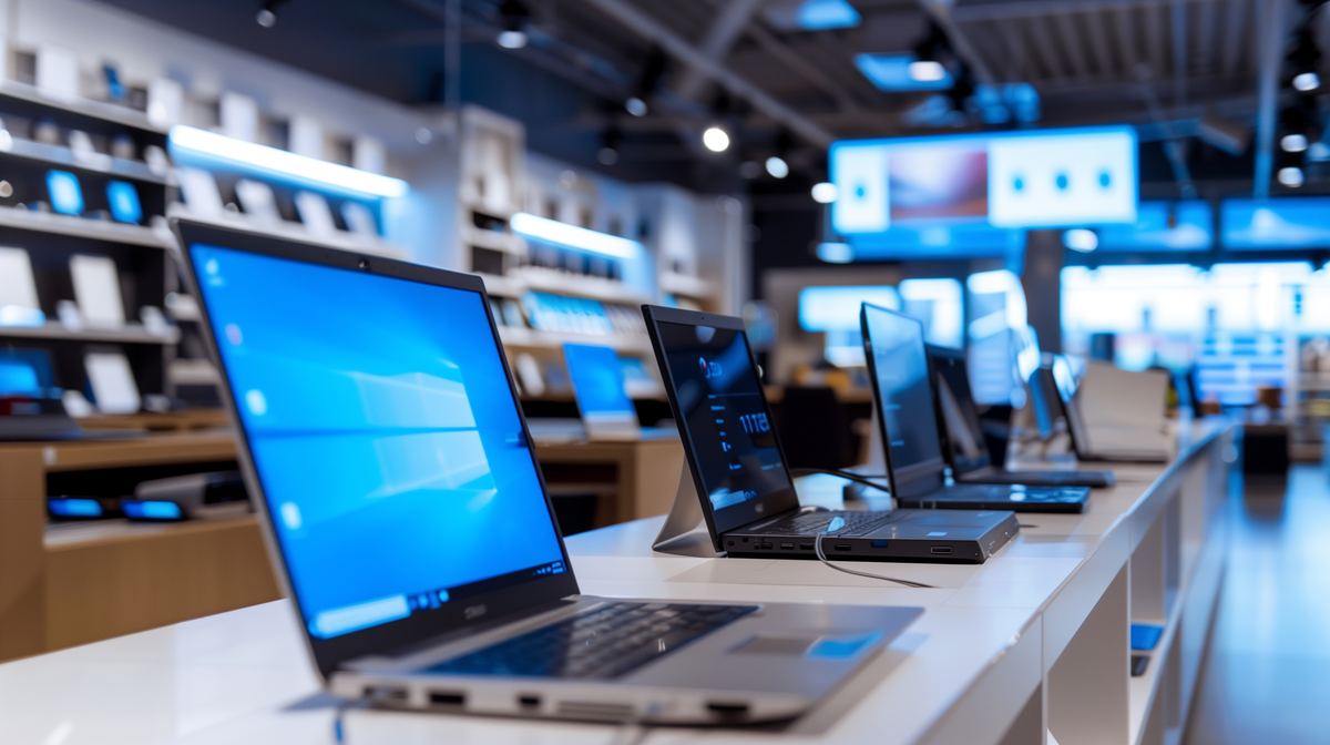 Ordinateurs portables présentés dans un magasin informatique.